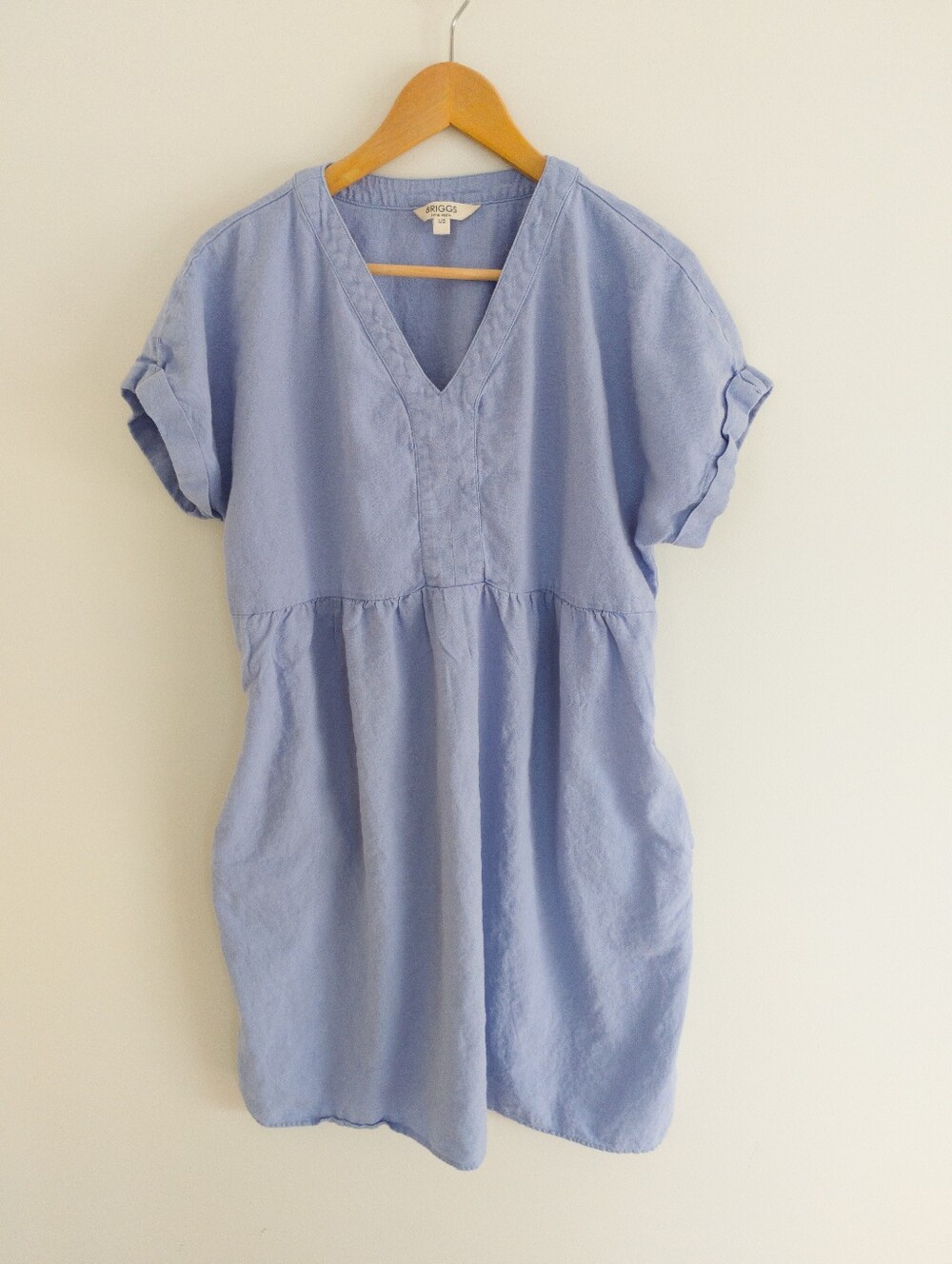 Briggs NY Linen Blend V-Neck Babydoll Dress Light Blue Pockets Large